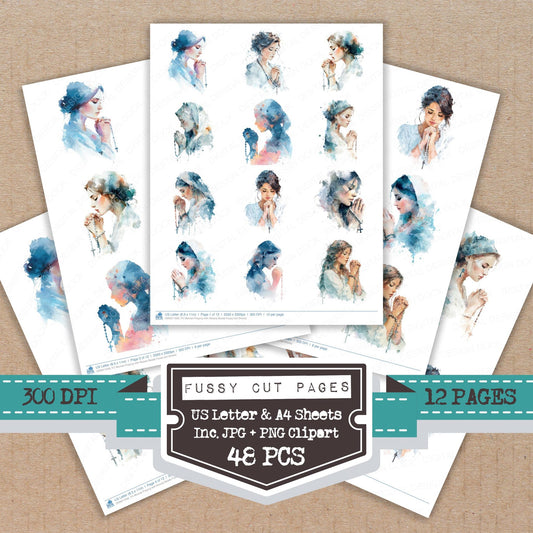 Woman Praying with Rosary Beads fussy cut printable sheets for junk journaling, scrapbooking, and paper craft projects