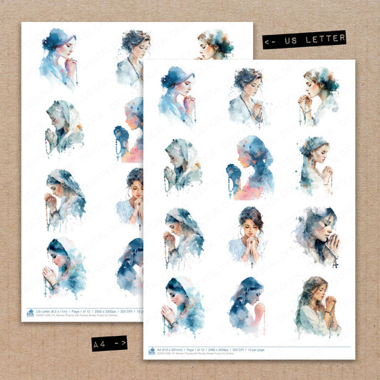 A4 and US Letter format comparison showing Woman Praying with Rosary Beads fussy cut pages for print and cut crafting