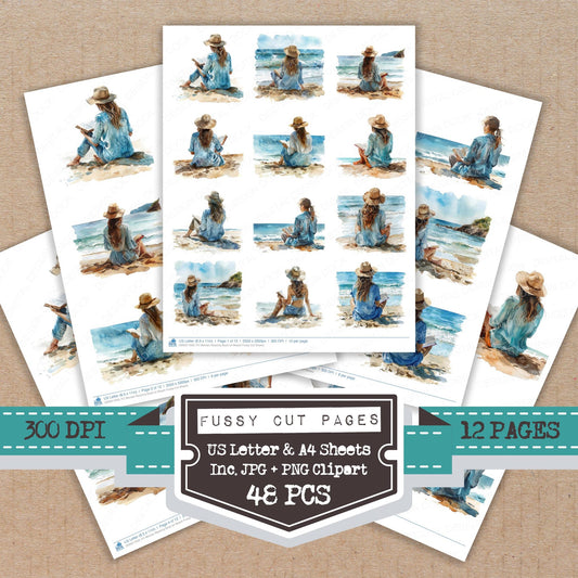 Woman Reading Book on Beach fussy cut printable sheets for junk journaling, scrapbooking, and paper craft projects