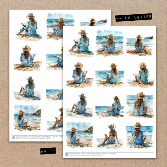 A4 and US Letter format comparison showing Woman Reading Book on Beach fussy cut pages for print and cut crafting