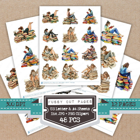 Woman Reading Pile of Books fussy cut printable sheets for junk journaling, scrapbooking, and paper craft projects