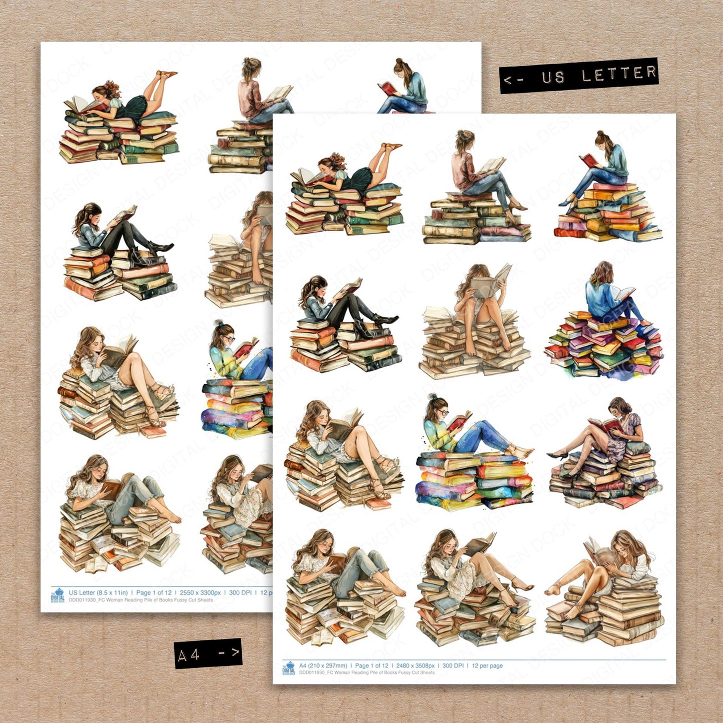 A4 and US Letter format comparison showing Woman Reading Pile of Books fussy cut pages for print and cut crafting
