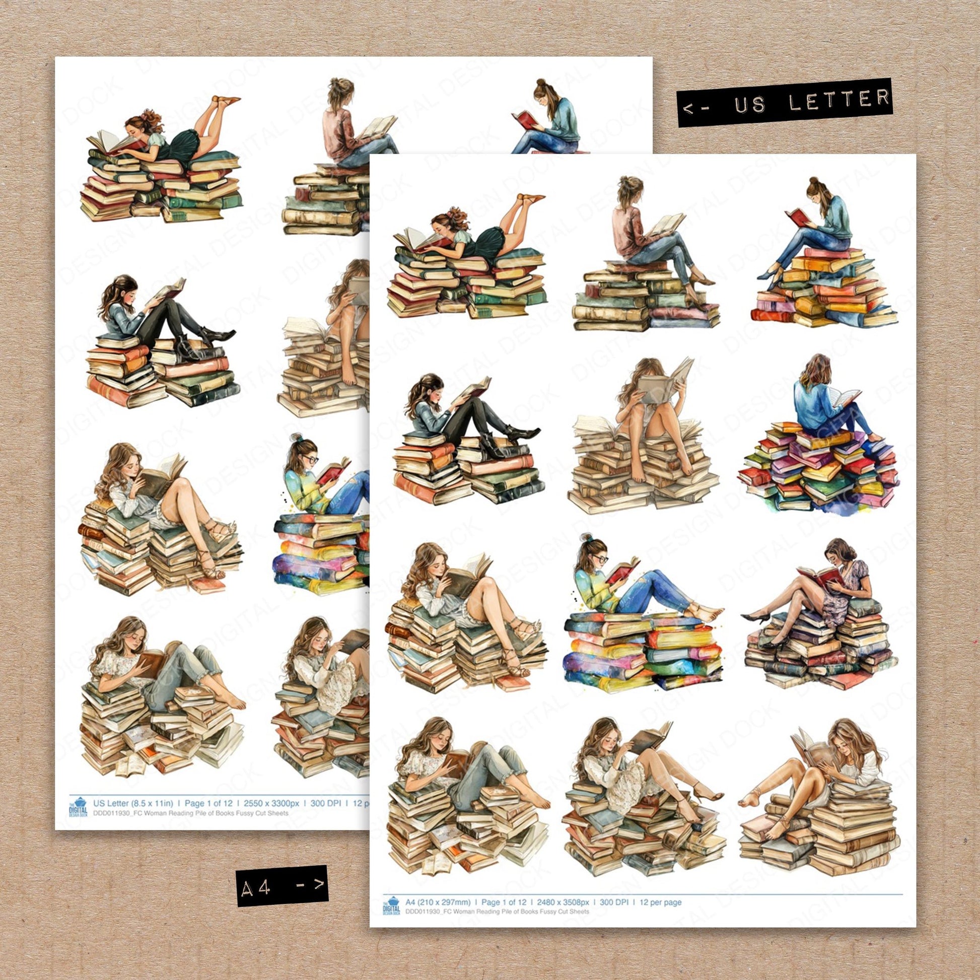 A4 and US Letter format comparison showing Woman Reading Pile of Books fussy cut pages for print and cut crafting