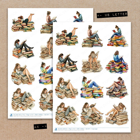 A4 and US Letter format comparison showing Woman Reading Pile of Books fussy cut pages for print and cut crafting