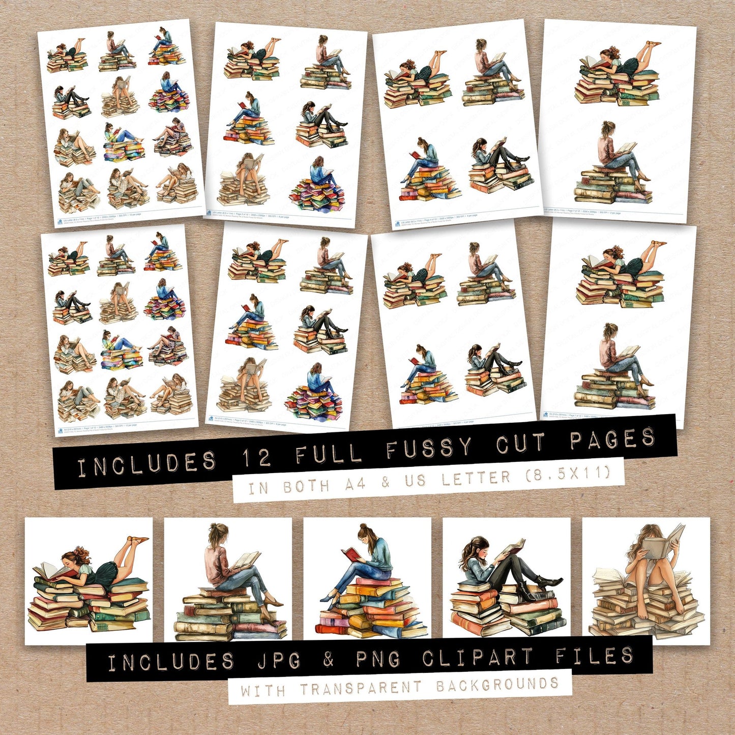 Full collection view of Woman Reading Pile of Books fussy cut sheets with bonus clipart JPG and PNG files