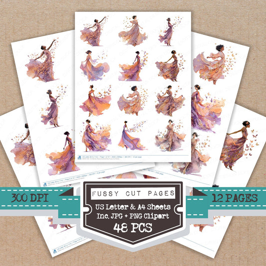 Woman Releasing Butterflies fussy cut printable sheets for junk journaling, scrapbooking, and paper craft projects