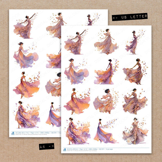 A4 and US Letter format comparison showing Woman Releasing Butterflies fussy cut pages for print and cut crafting