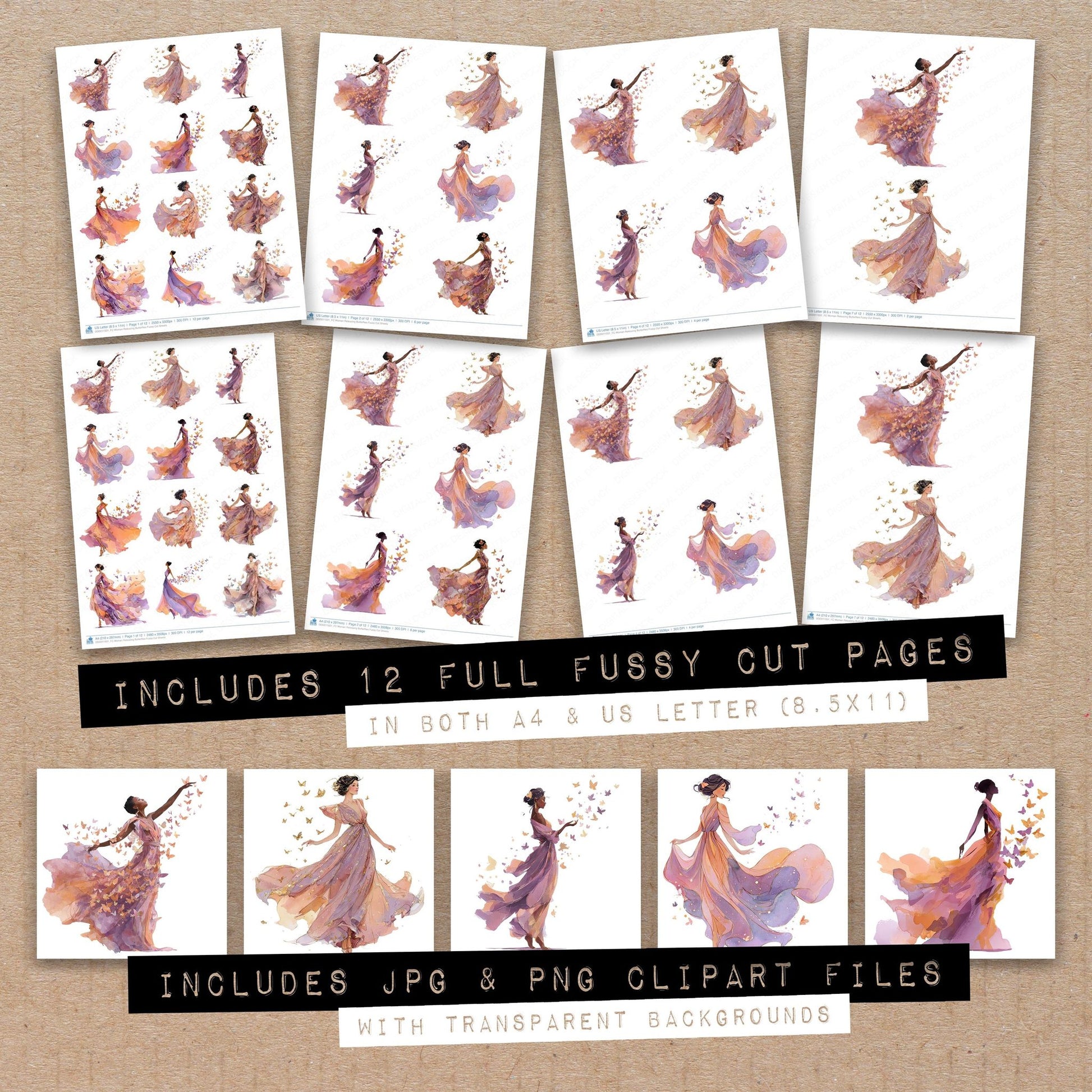 Full collection view of Woman Releasing Butterflies fussy cut sheets with bonus clipart JPG and PNG files