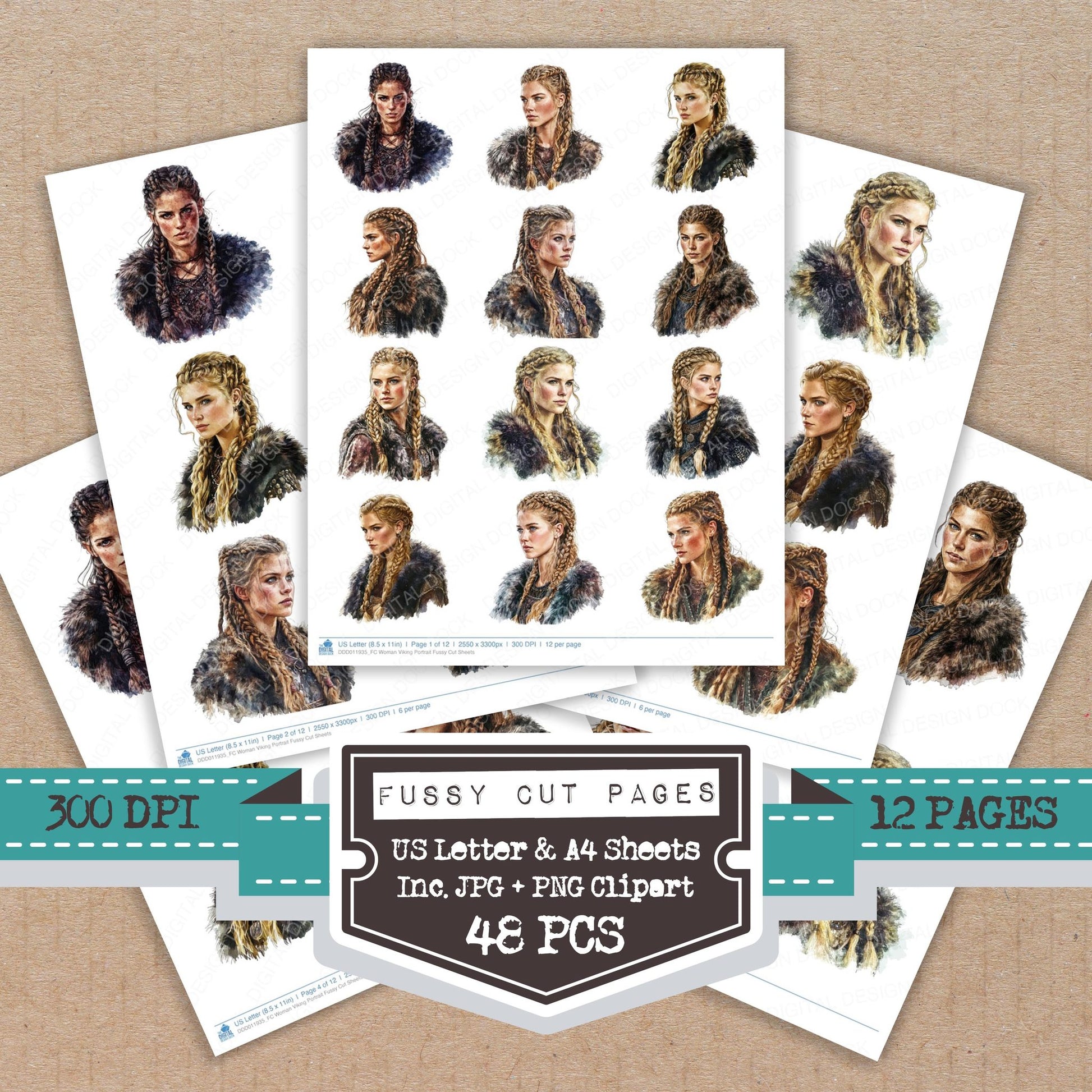 Woman Viking Portrait fussy cut printable sheets for junk journaling, scrapbooking, and paper craft projects