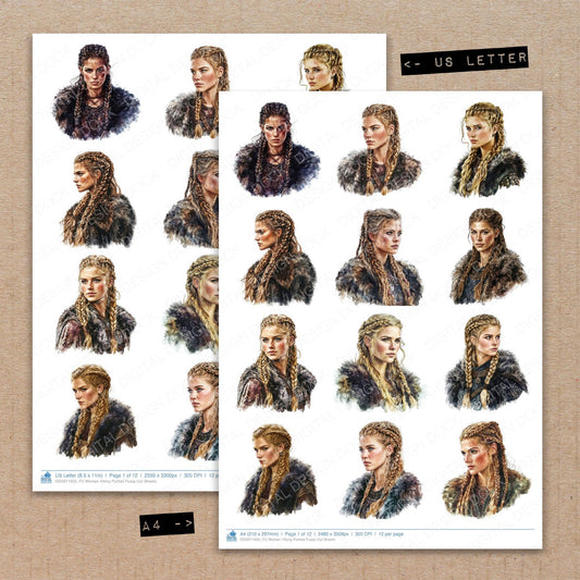 A4 and US Letter format comparison showing Woman Viking Portrait fussy cut pages for print and cut crafting