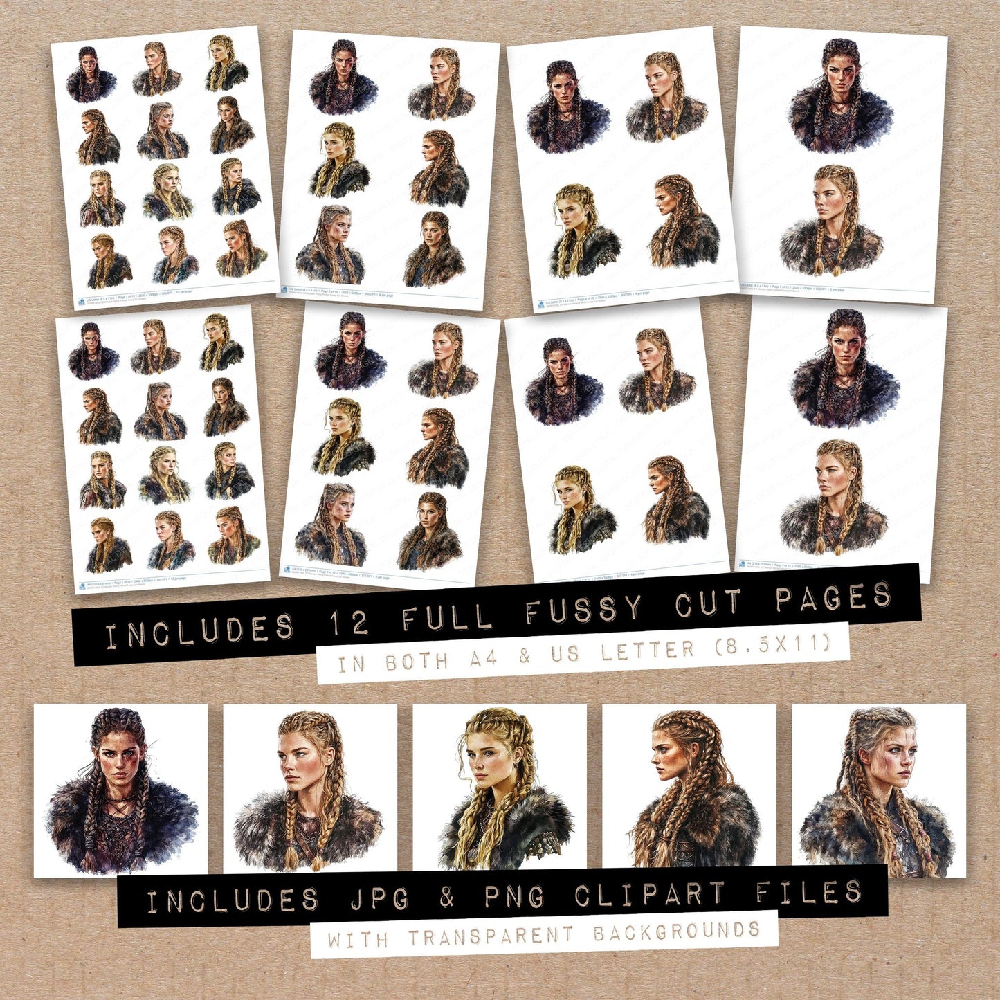 Full collection view of Woman Viking Portrait fussy cut sheets with bonus clipart JPG and PNG files