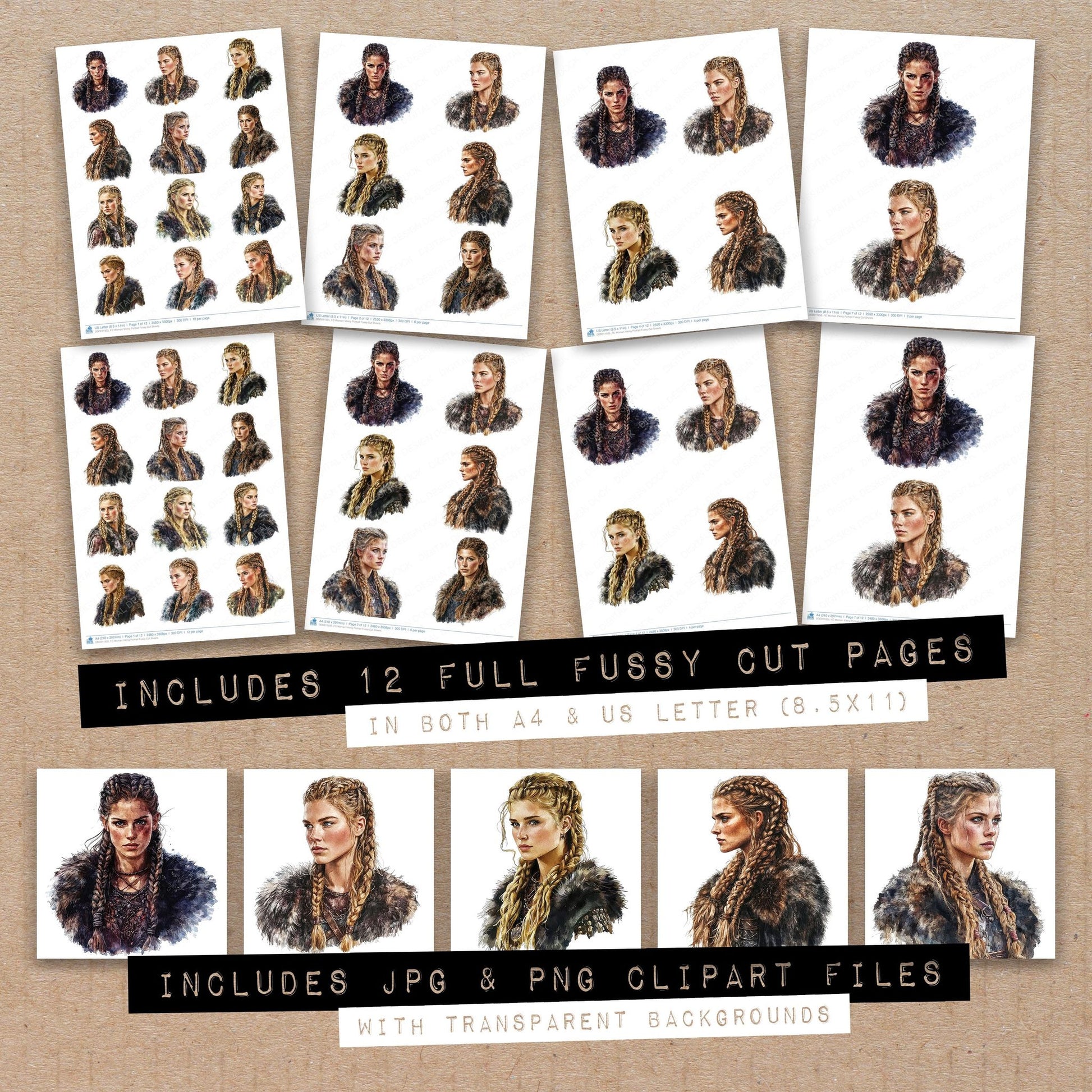 Full collection view of Woman Viking Portrait fussy cut sheets with bonus clipart JPG and PNG files