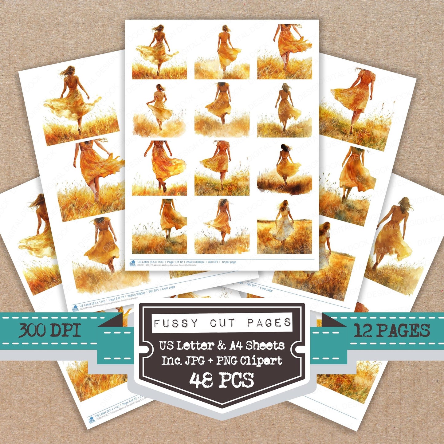 Woman Walking Barefoot fussy cut printable sheets for junk journaling, scrapbooking, and paper craft projects