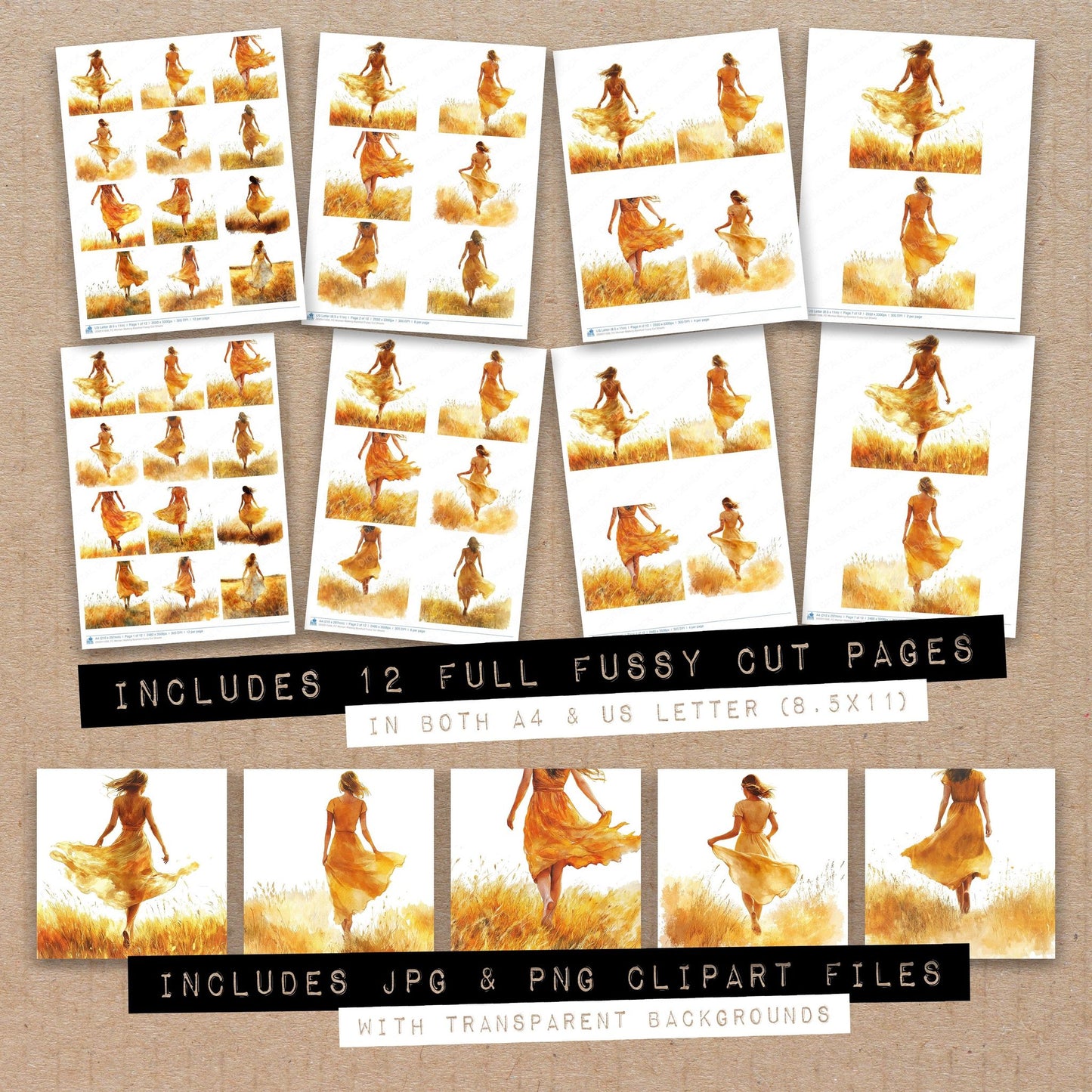Full collection view of Woman Walking Barefoot fussy cut sheets with bonus clipart JPG and PNG files