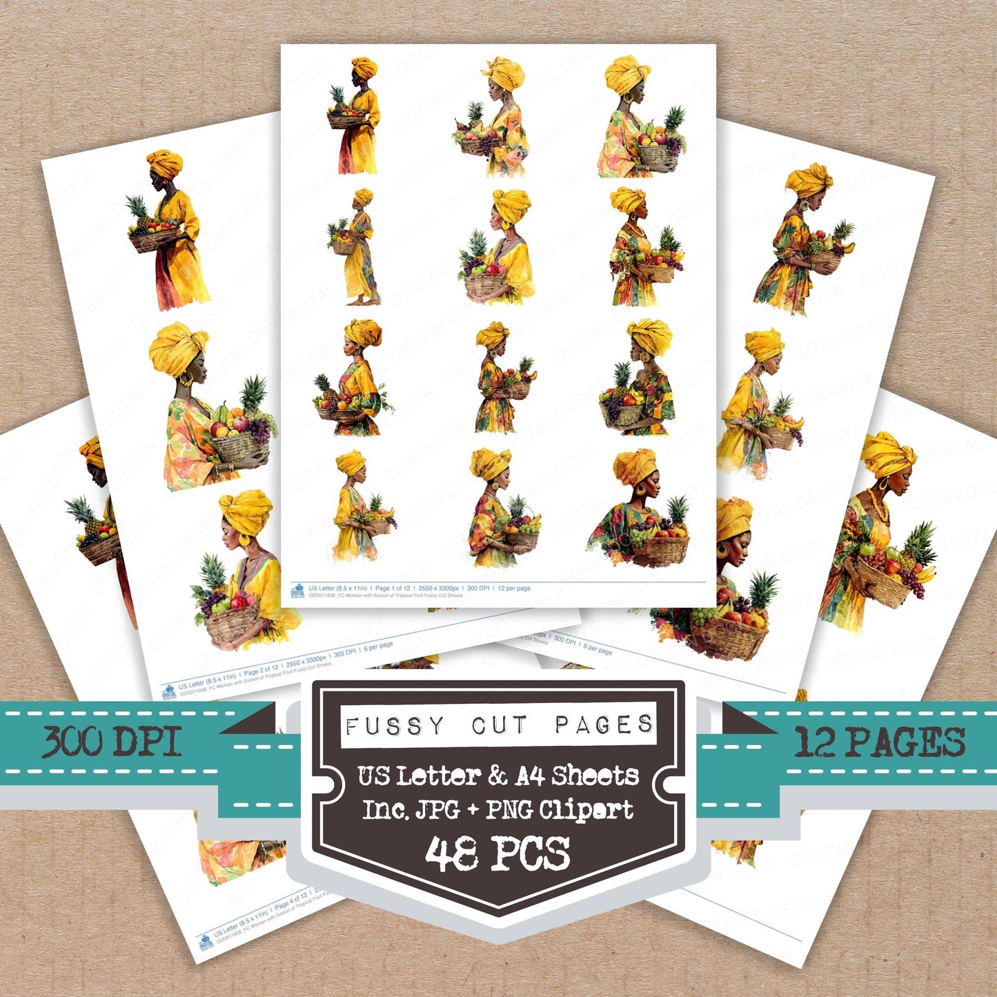 Woman with Basket of Tropical Fruit fussy cut printable sheets for junk journaling, scrapbooking, and paper craft projects