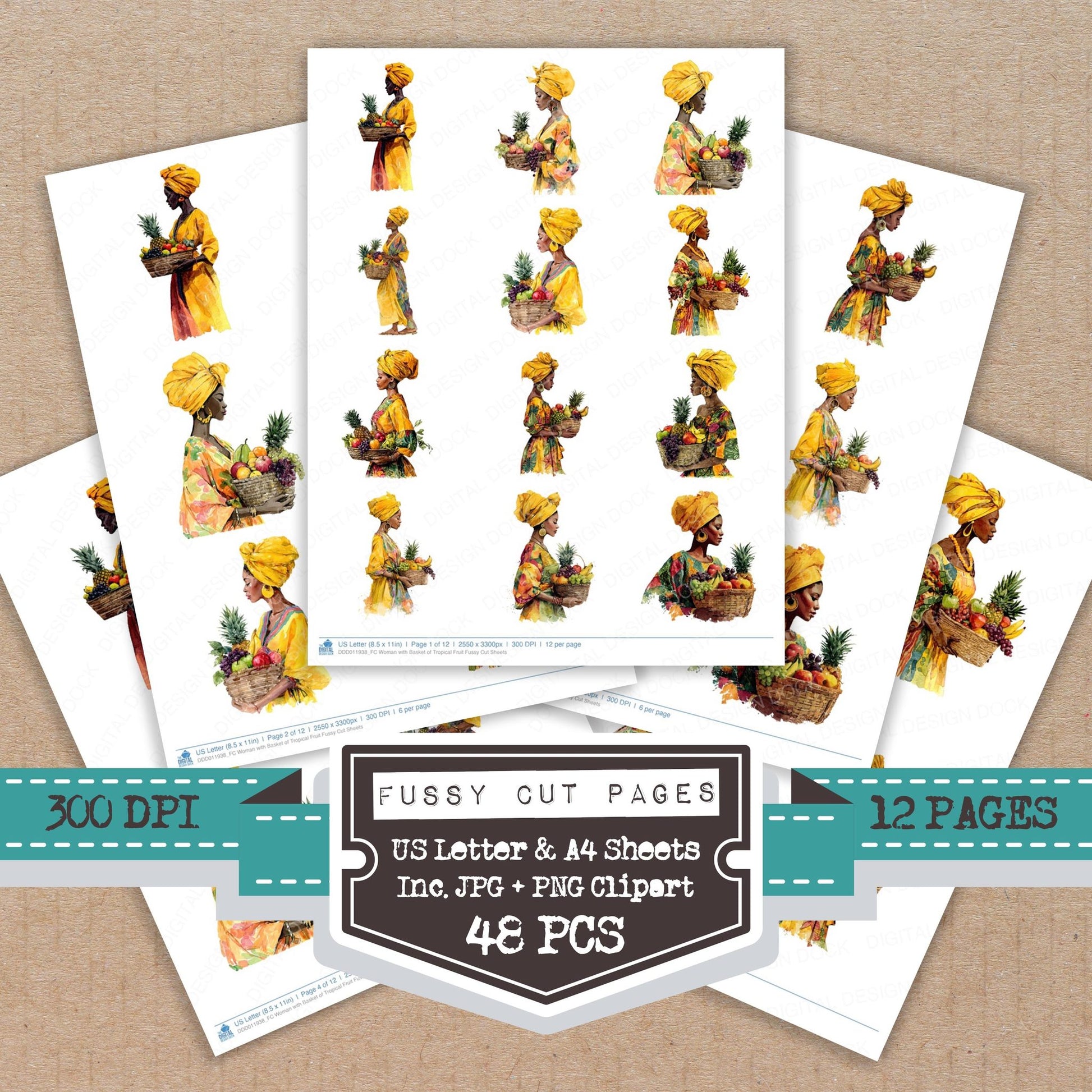 Woman with Basket of Tropical Fruit fussy cut printable sheets for junk journaling, scrapbooking, and paper craft projects