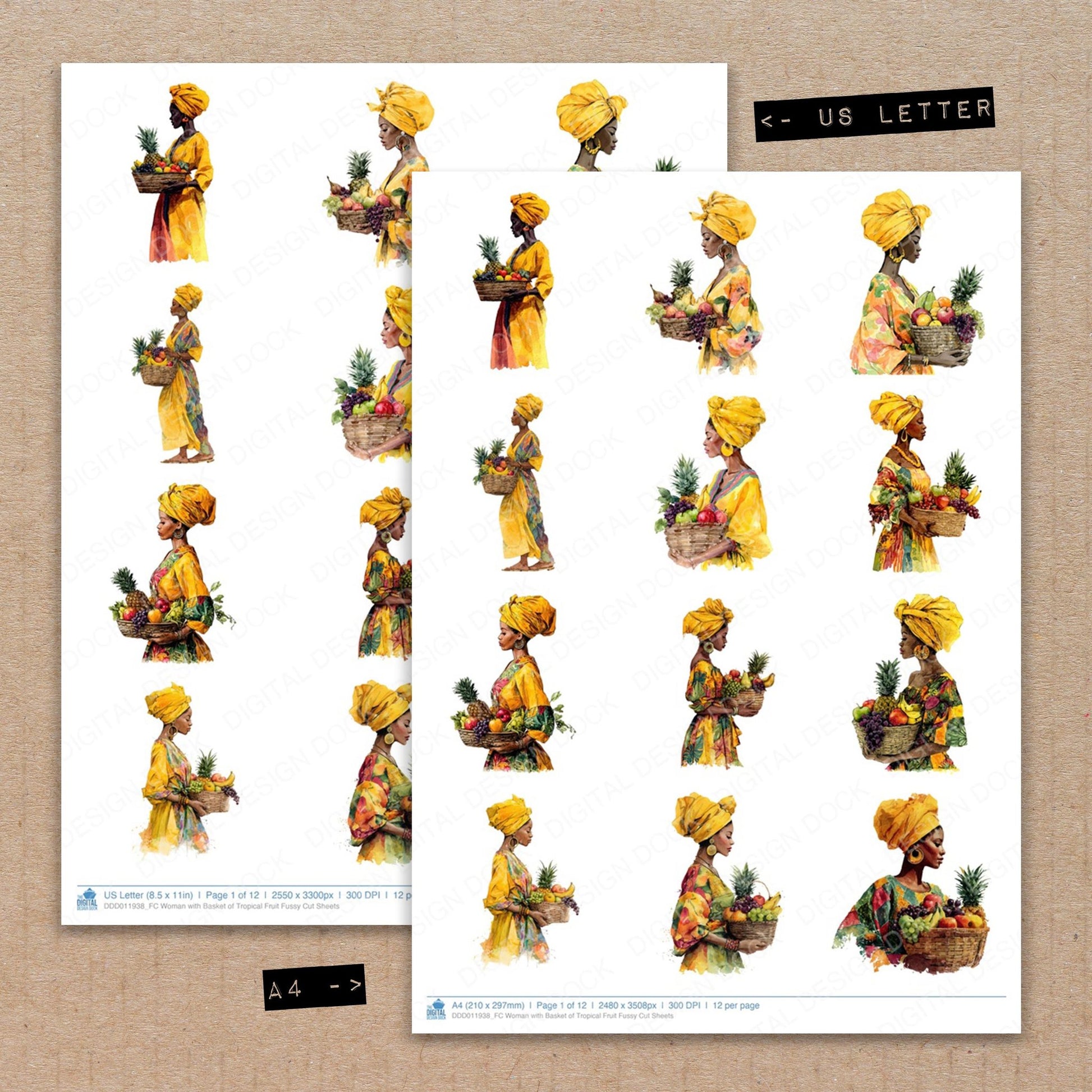 A4 and US Letter format comparison showing Woman with Basket of Tropical Fruit fussy cut pages for print and cut crafting
