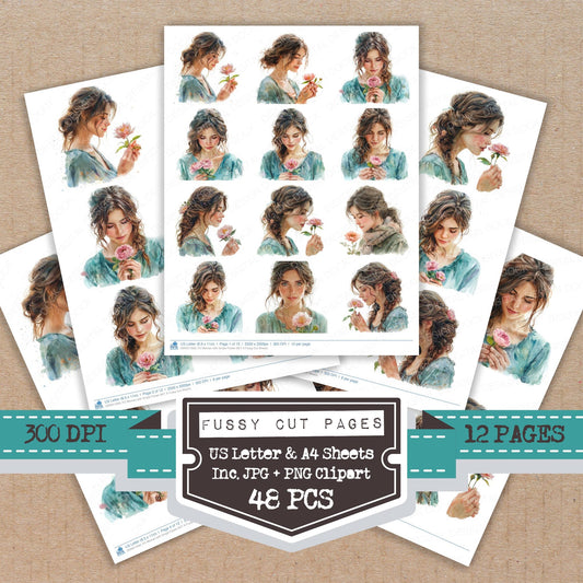 Woman with Single Flower A fussy cut printable sheets for junk journaling, scrapbooking, and paper craft projects
