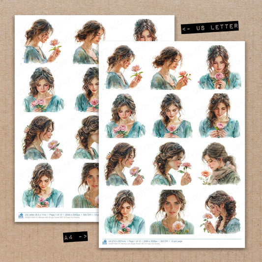 A4 and US Letter format comparison showing Woman with Single Flower A fussy cut pages for print and cut crafting