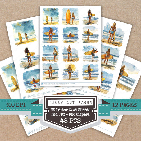 Woman with Surfboard on Beach fussy cut printable sheets for junk journaling, scrapbooking, and paper craft projects