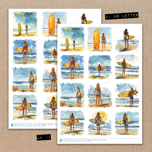 A4 and US Letter format comparison showing Woman with Surfboard on Beach fussy cut pages for print and cut crafting