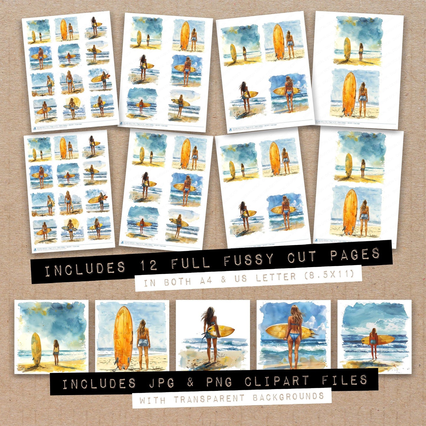 Full collection view of Woman with Surfboard on Beach fussy cut sheets with bonus clipart JPG and PNG files