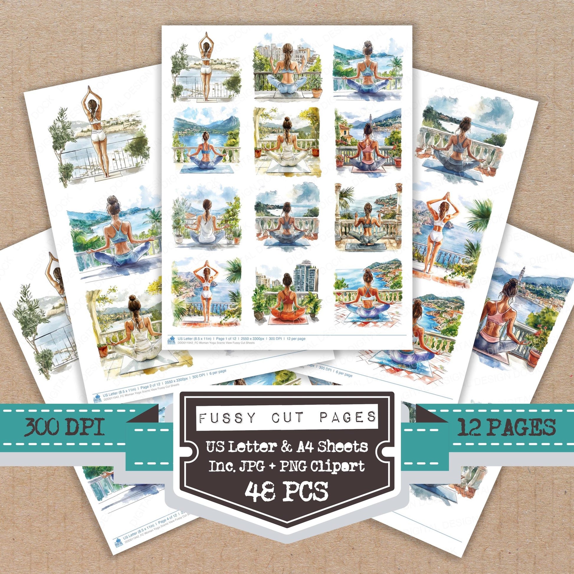 Woman Yoga Scenic View fussy cut printable sheets for junk journaling, scrapbooking, and paper craft projects
