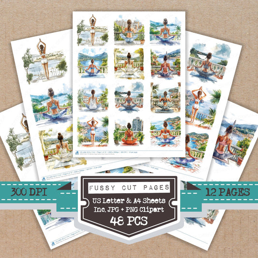 Woman Yoga Scenic View fussy cut printable sheets for junk journaling, scrapbooking, and paper craft projects