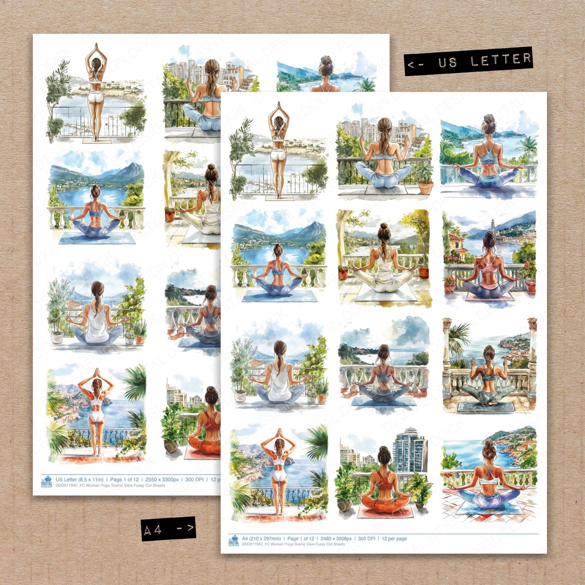 A4 and US Letter format comparison showing Woman Yoga Scenic View fussy cut pages for print and cut crafting