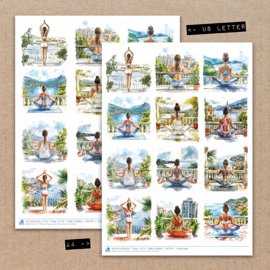 A4 and US Letter format comparison showing Woman Yoga Scenic View fussy cut pages for print and cut crafting