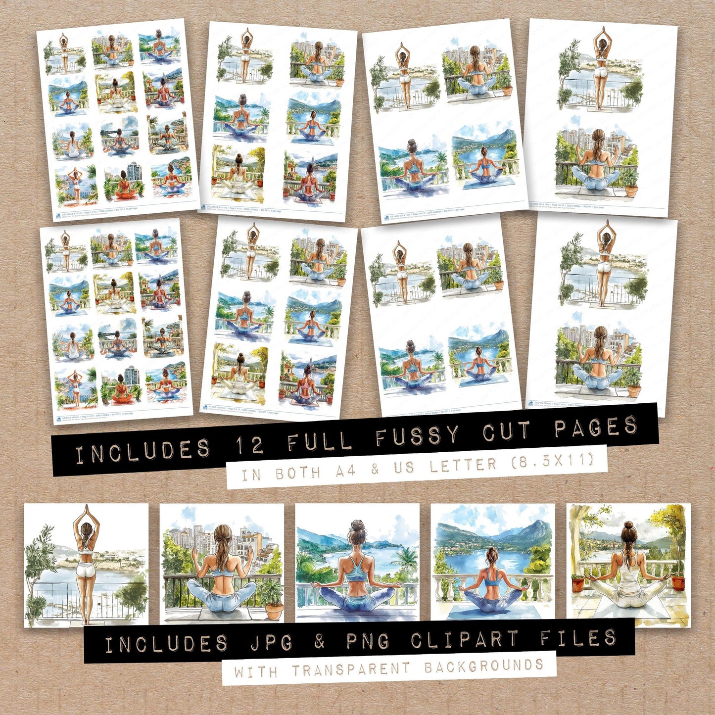 Full collection view of Woman Yoga Scenic View fussy cut sheets with bonus clipart JPG and PNG files