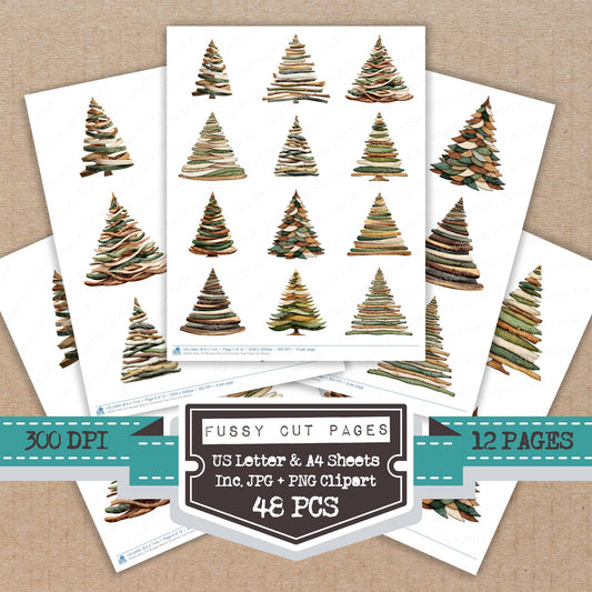 Wooden Branch Christmas Tree fussy cut printable sheets for junk journaling, scrapbooking, and paper craft projects