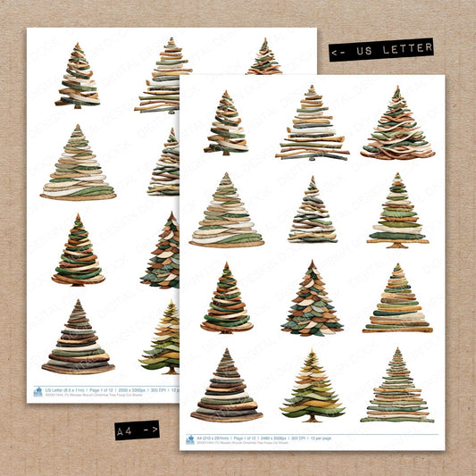 A4 and US Letter format comparison showing Wooden Branch Christmas Tree fussy cut pages for print and cut crafting