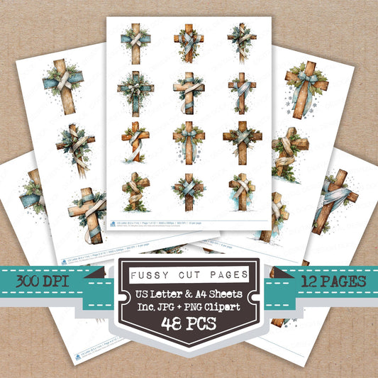 Wooden Cross with Holly and Snowflakes fussy cut printable sheets for junk journaling, scrapbooking, and paper craft projects