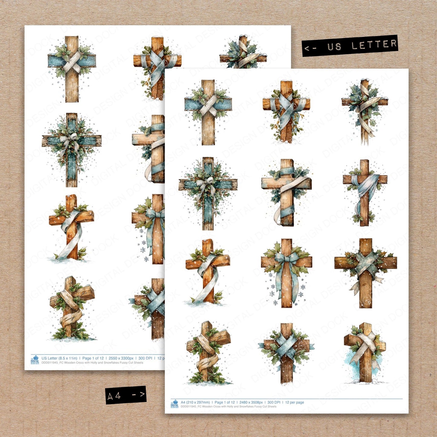 A4 and US Letter format comparison showing Wooden Cross with Holly and Snowflakes fussy cut pages for print and cut crafting