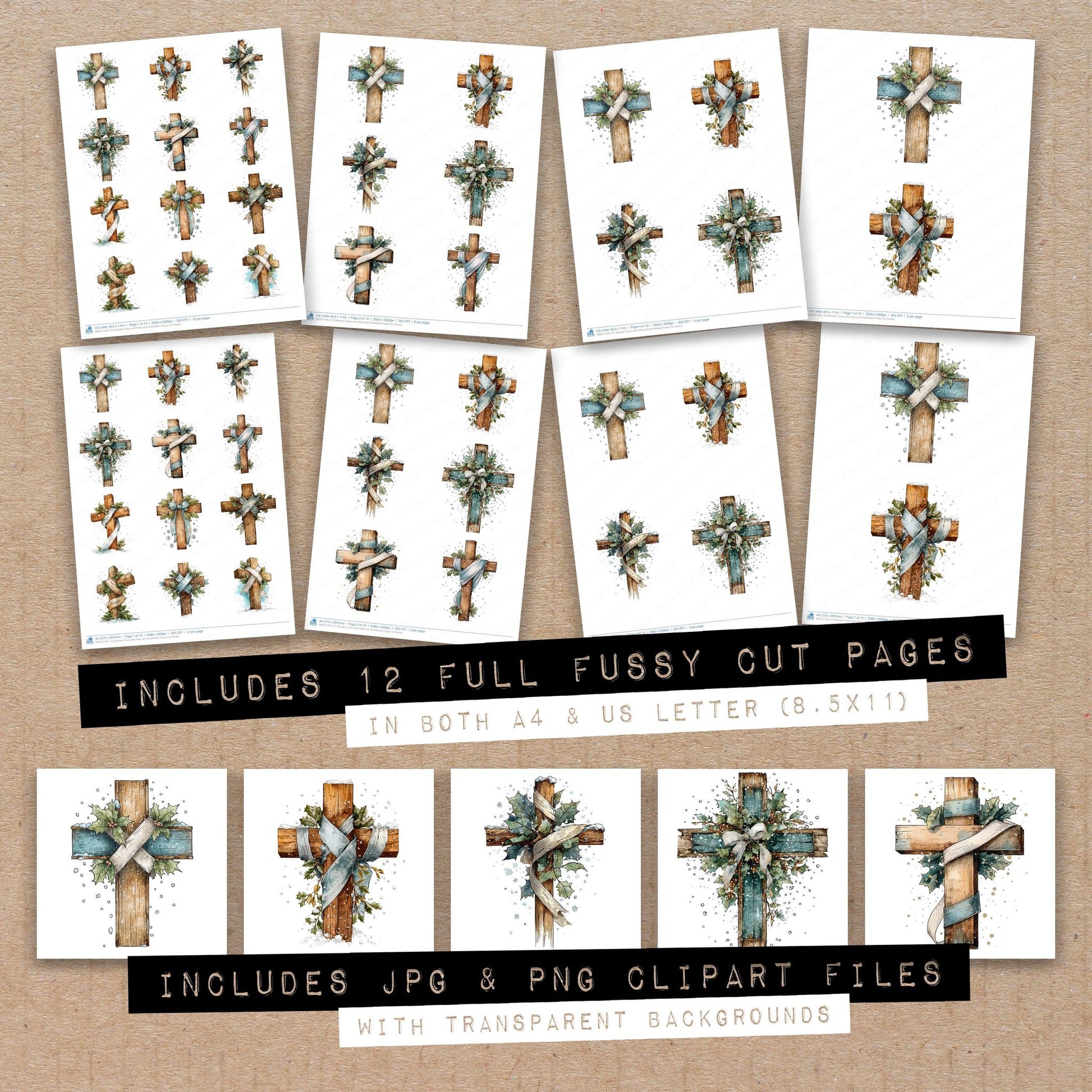 Full collection view of Wooden Cross with Holly and Snowflakes fussy cut sheets with bonus clipart JPG and PNG files