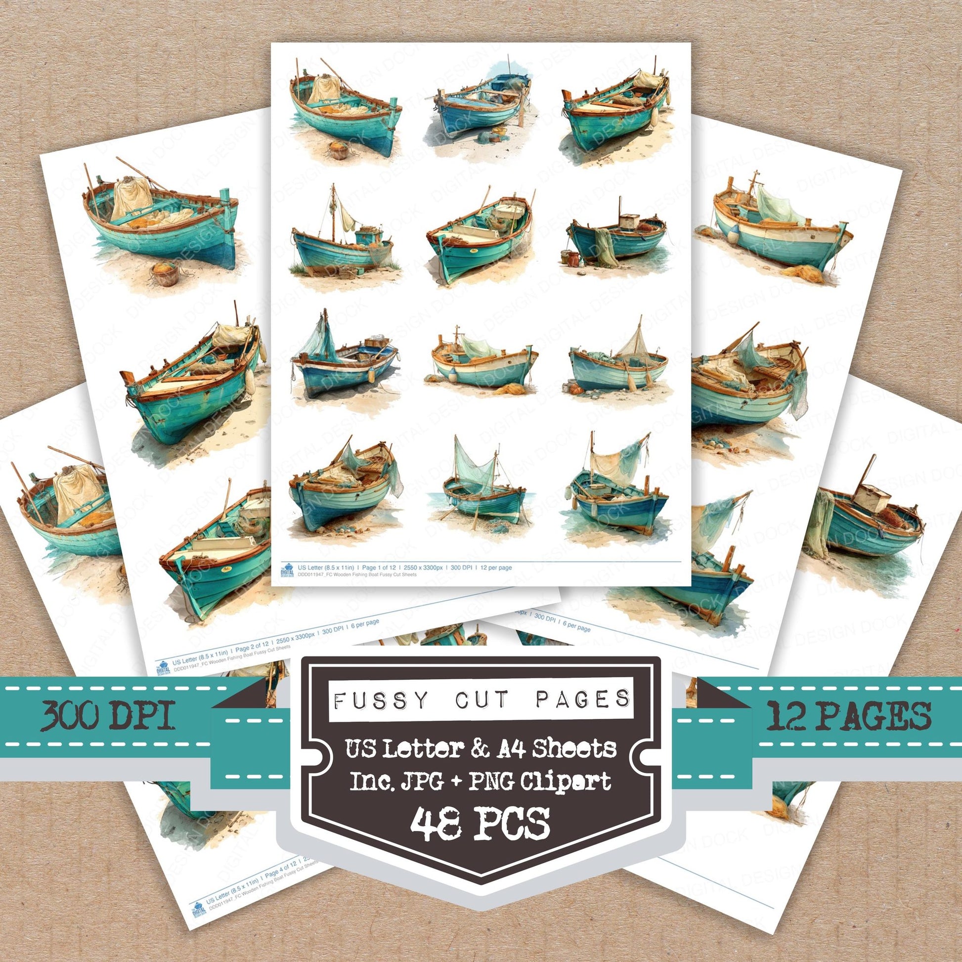 Wooden Fishing Boat fussy cut printable sheets for junk journaling, scrapbooking, and paper craft projects
