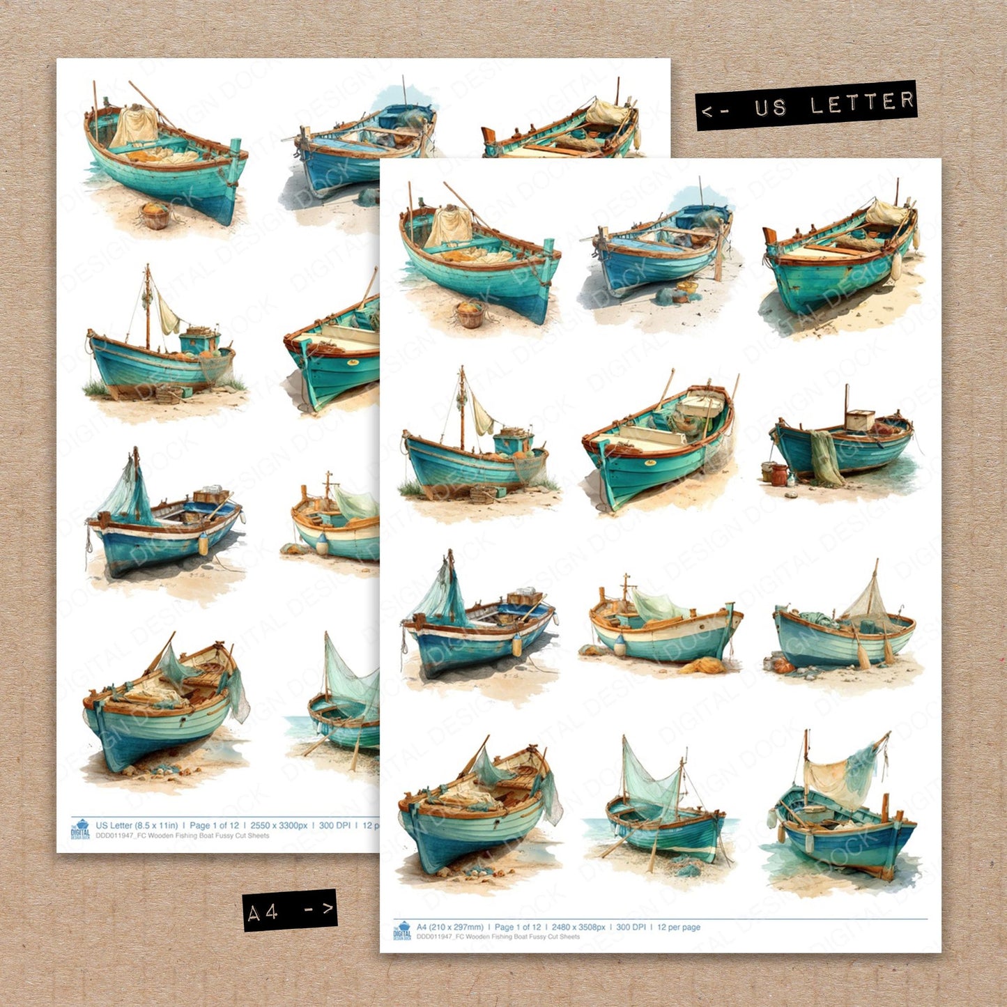 A4 and US Letter format comparison showing Wooden Fishing Boat fussy cut pages for print and cut crafting
