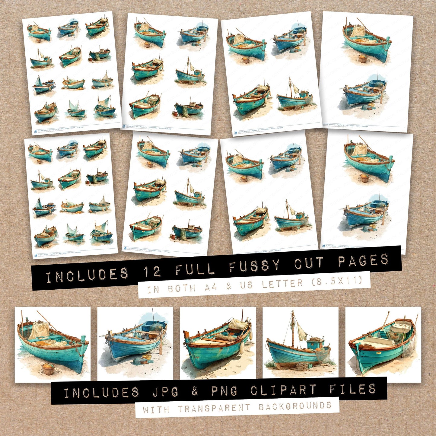 Full collection view of Wooden Fishing Boat fussy cut sheets with bonus clipart JPG and PNG files