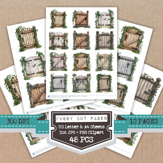 Wooden Gate with Ivy fussy cut printable sheets for junk journaling, scrapbooking, and paper craft projects