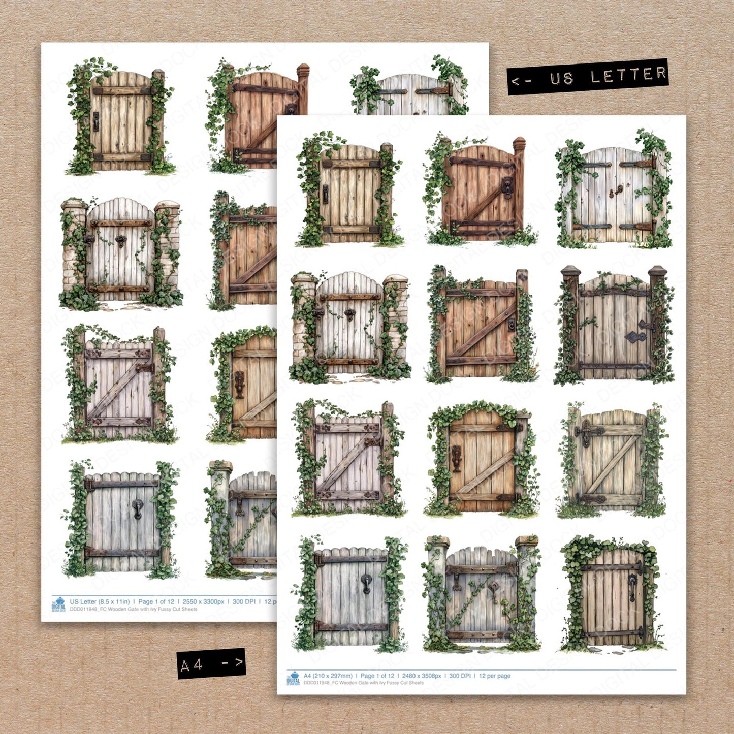 A4 and US Letter format comparison showing Wooden Gate with Ivy fussy cut pages for print and cut crafting
