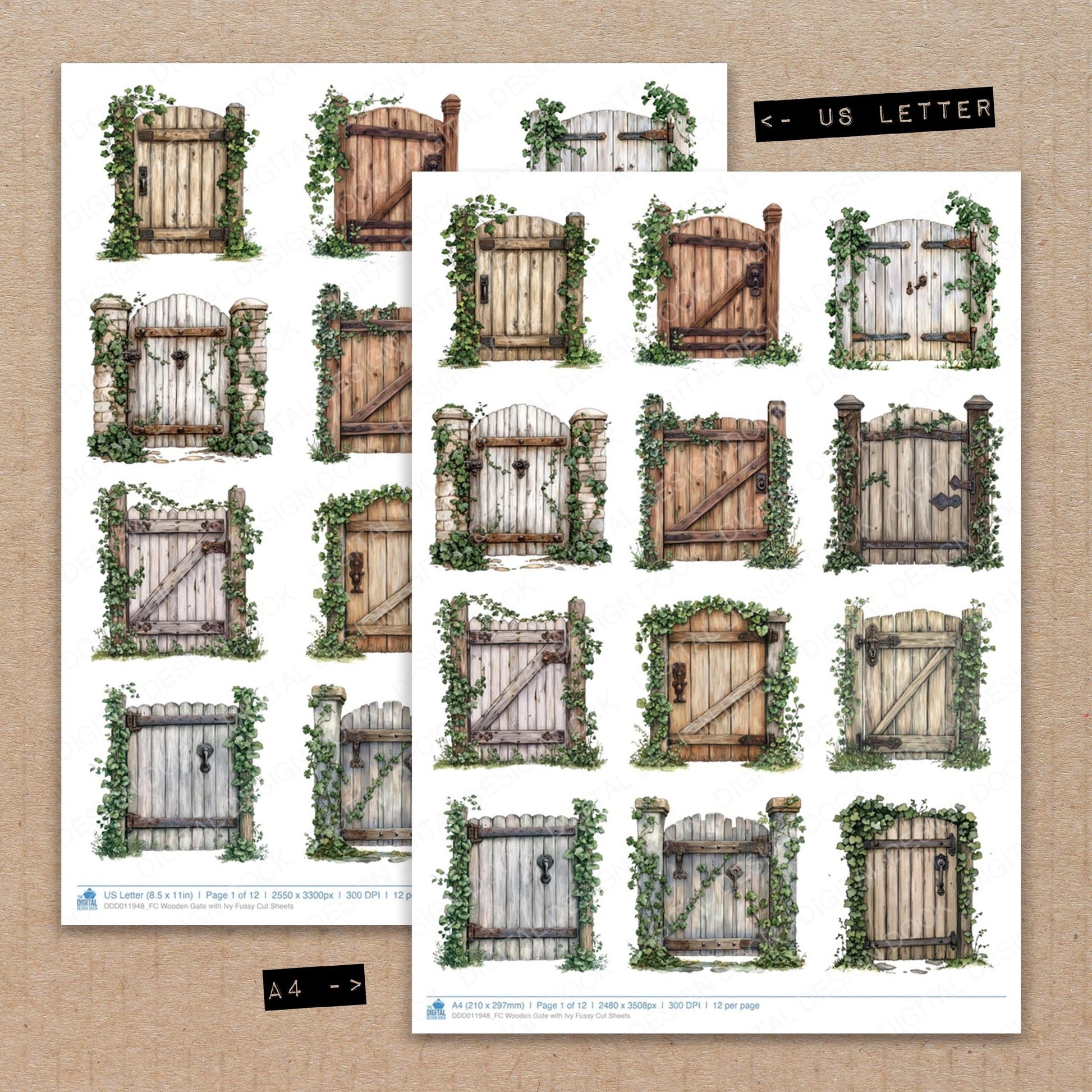 A4 and US Letter format comparison showing Wooden Gate with Ivy fussy cut pages for print and cut crafting