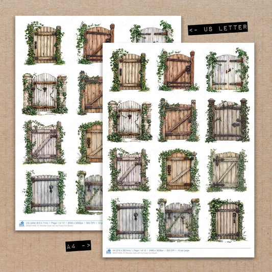 A4 and US Letter format comparison showing Wooden Gate with Ivy fussy cut pages for print and cut crafting