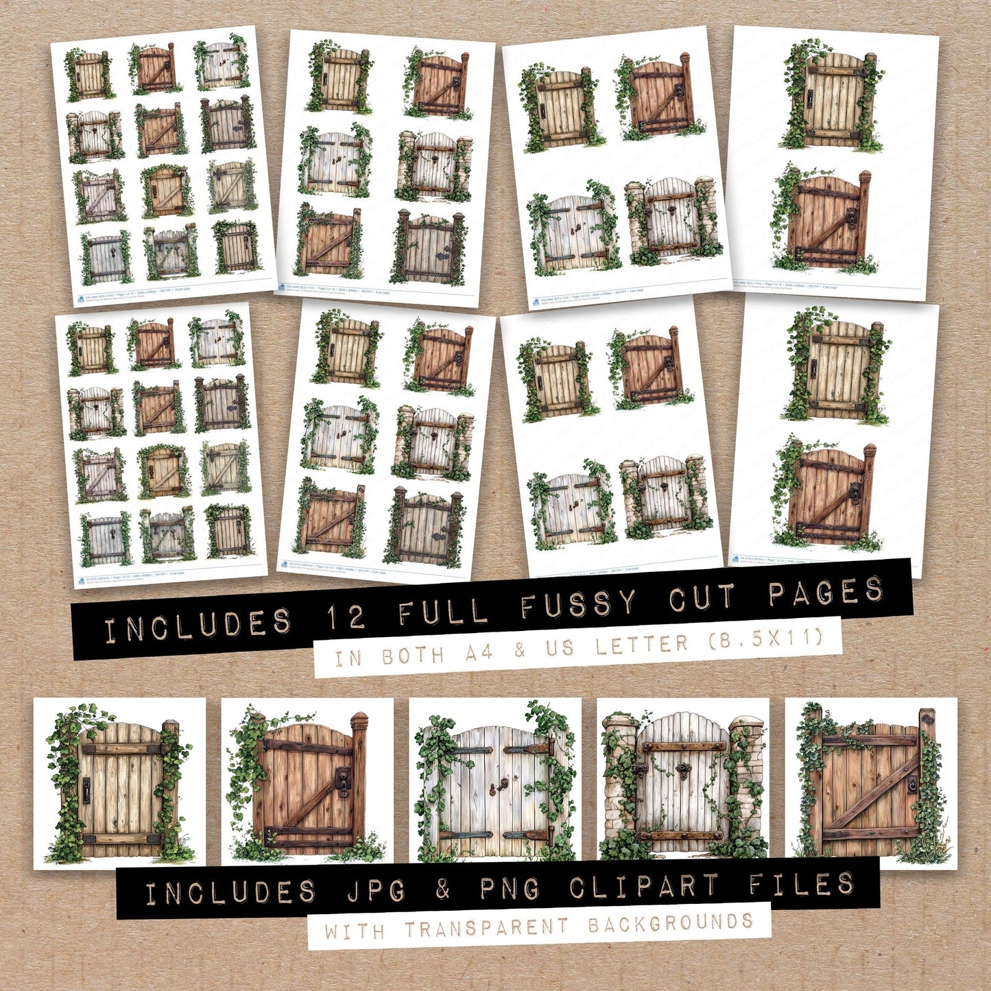 Full collection view of Wooden Gate with Ivy fussy cut sheets with bonus clipart JPG and PNG files