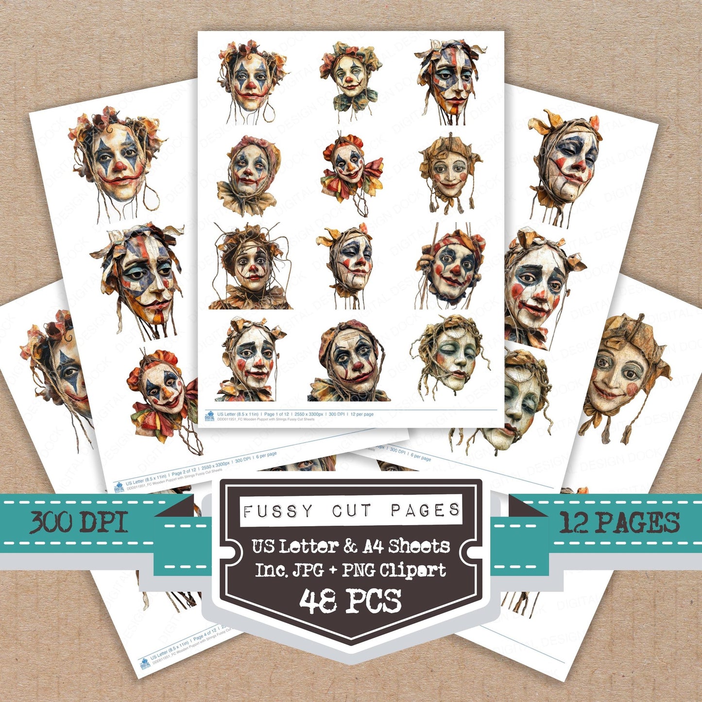 Wooden Puppet with Strings fussy cut printable sheets for junk journaling, scrapbooking, and paper craft projects