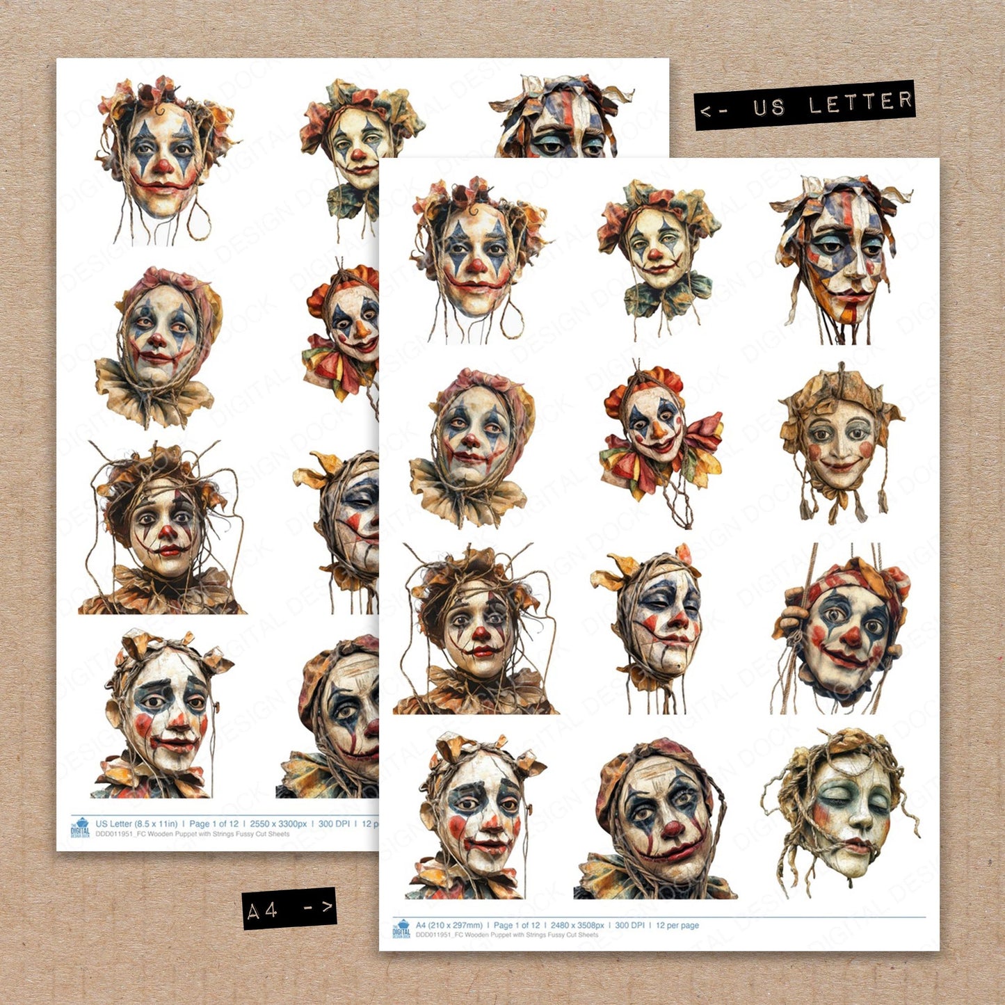 A4 and US Letter format comparison showing Wooden Puppet with Strings fussy cut pages for print and cut crafting