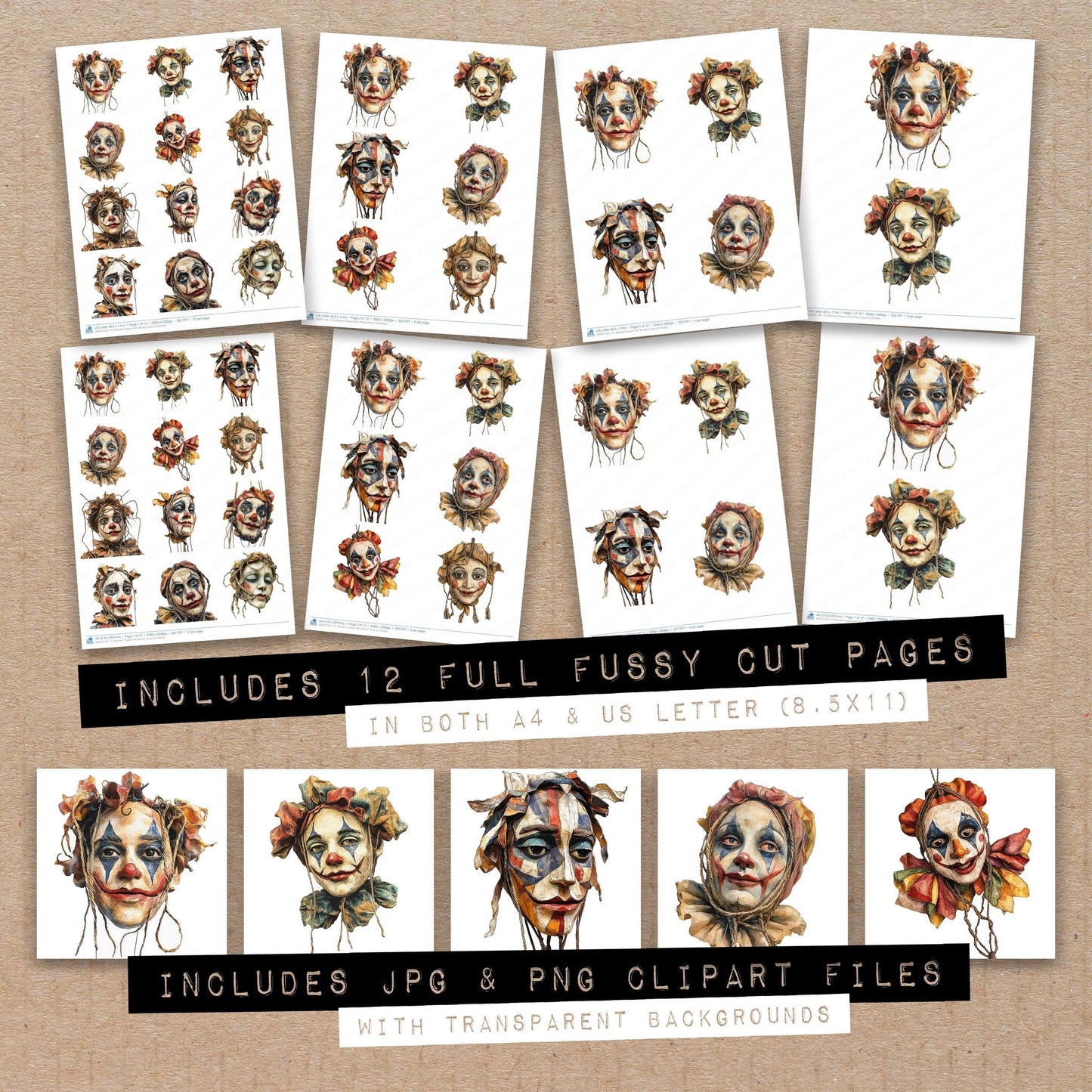 Full collection view of Wooden Puppet with Strings fussy cut sheets with bonus clipart JPG and PNG files