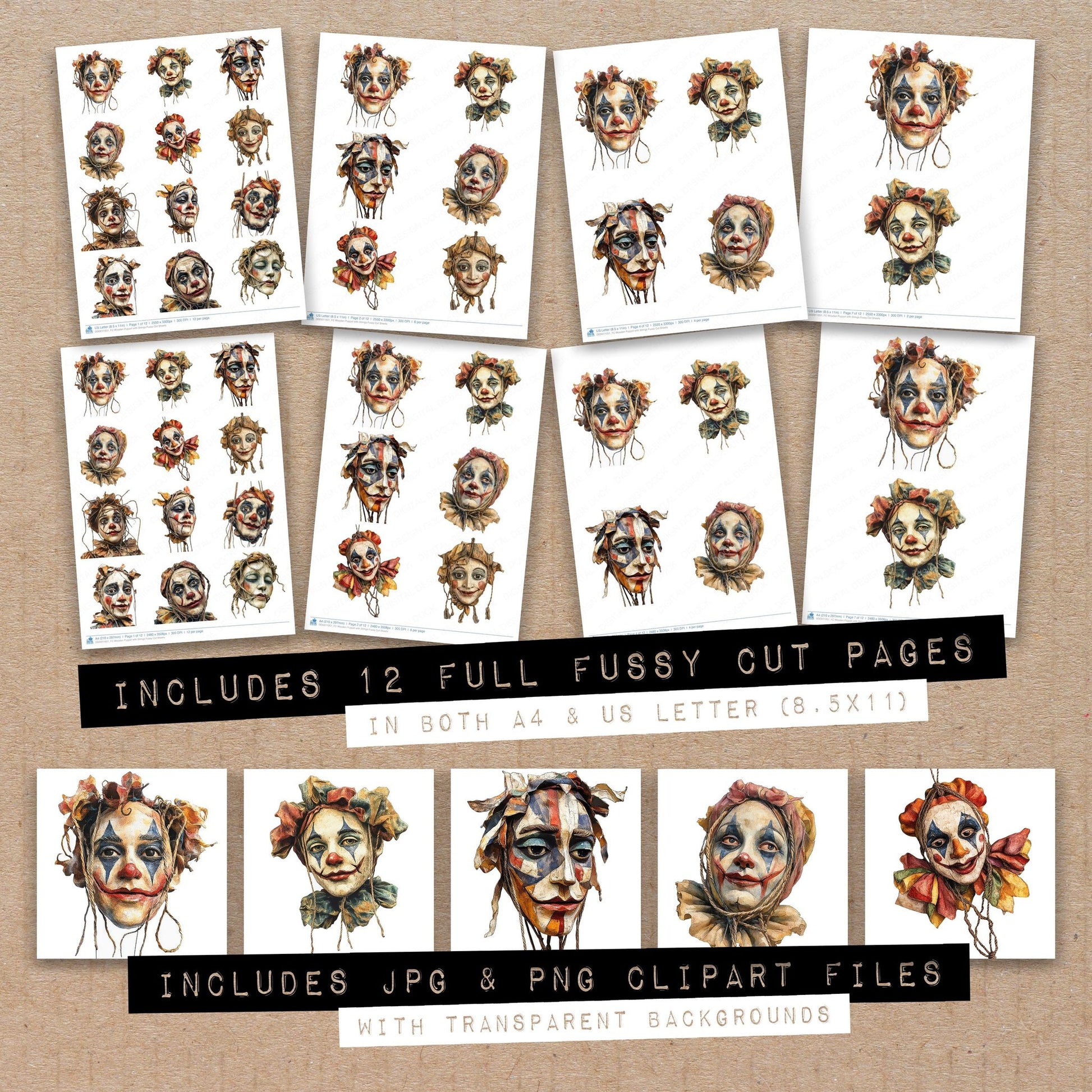 Full collection view of Wooden Puppet with Strings fussy cut sheets with bonus clipart JPG and PNG files