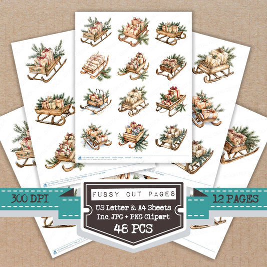 Wooden Sled with Gifts fussy cut printable sheets for junk journaling, scrapbooking, and paper craft projects