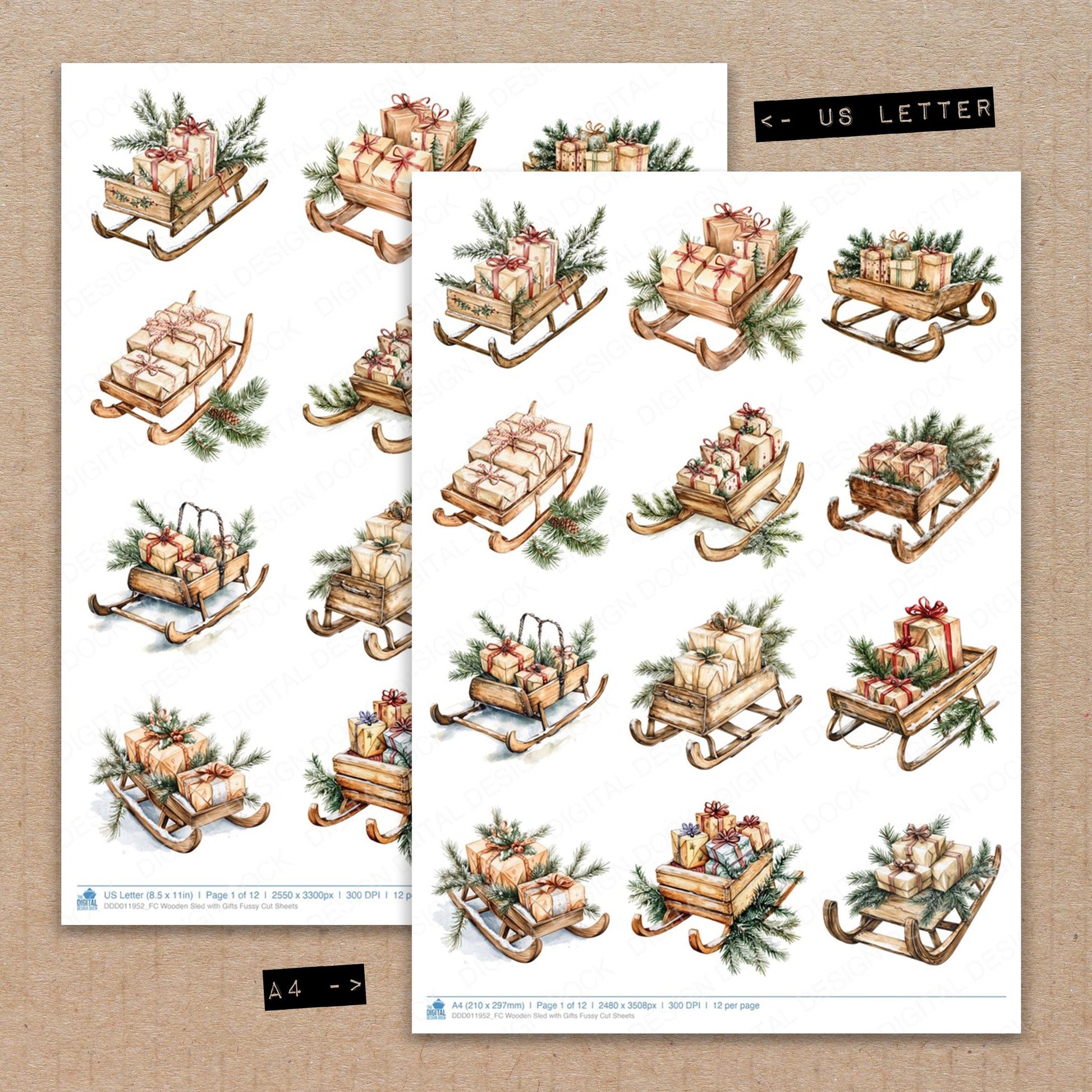 A4 and US Letter format comparison showing Wooden Sled with Gifts fussy cut pages for print and cut crafting